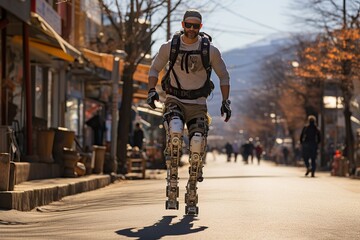 Fototapeta na wymiar A man in modern bionic leg exoskeletons walking on a city street, blending technology and daily life