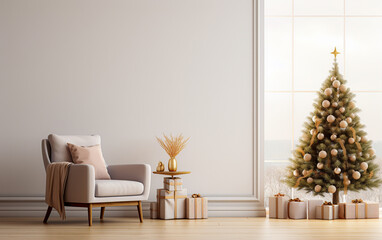 Minimalistic light christmas interior, with a white blank empty wall and a decorated christmas tree on the side.