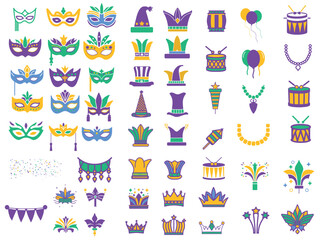 Mardi Gras carnival set of flat icons, mardi gras elements
