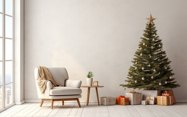 White interior with white christmas tree and white armchair in white wall background