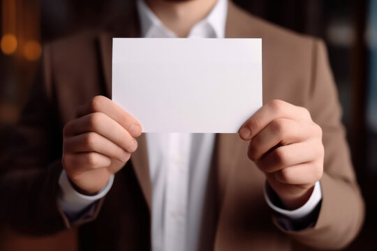 Close-up of an empty white note as a mockup for text and messages. A man in a suit holds a blank piece of paper.