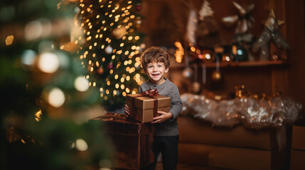 Obraz na płótnie Canvas ute little boy with Christmas gift box, christmas tree as bokeh