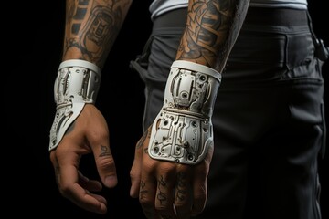 Innovative bionic prosthetic hands with intricate mechanical details on a tattooed person