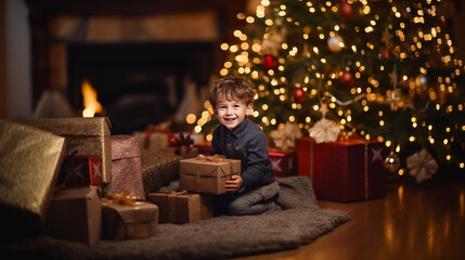 Fototapeta na wymiar ute little boy with Christmas gift box, christmas tree as bokeh