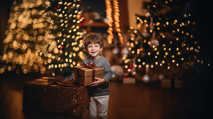 Obraz na płótnie Canvas ute little boy with Christmas gift box, christmas tree as bokeh