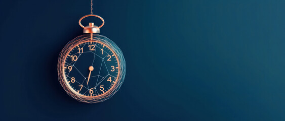A pocket watch with golden numerals against a blue background. Concept for time, transience, and the future. With negative space for copy.