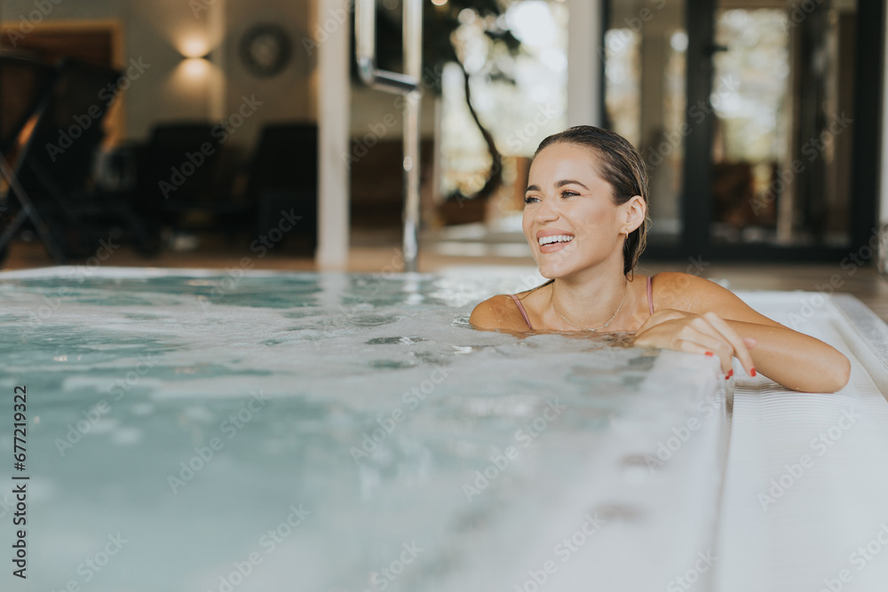 Wall mural young woman relaxing in the indoor bubble pool