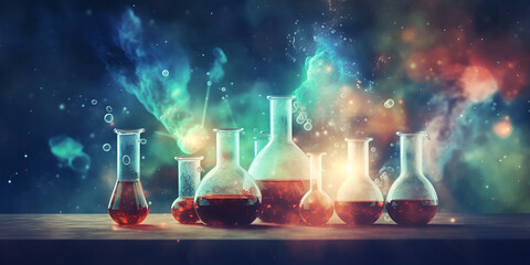 Science background illustration, scientific design. Flasks, glass and chemistry, physics elements. Generative AI  - obrazy, fototapety, plakaty
