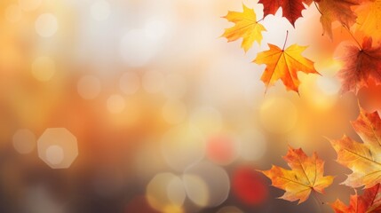 web banner design for autumn season and end year activity with red and yellow maple leaves with soft focus light an bokeh background, copy space, 16:9