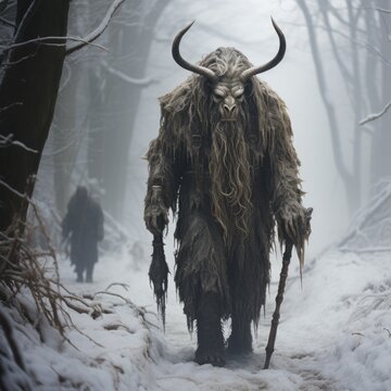 Krampus in the snow walking through a misty forest, European folklore, generative ai 