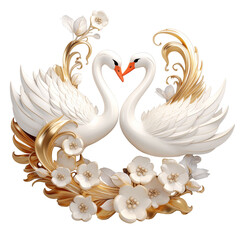 Obraz premium 3D golden and white swans with floral ornament and flower