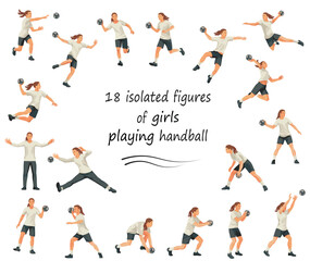 18 vector isolated girls' figures of women's handball players and goalkeepers team jumping, running, standing in goal in white uniforms