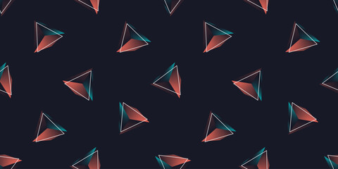 triangles and 3d pyramids on dark background geometric seamless pattern vector illustration
