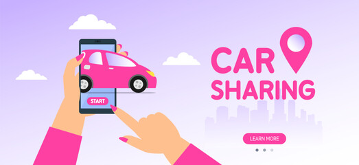 woman hands with smartphone using car sharing online service app  vector illustration banner design