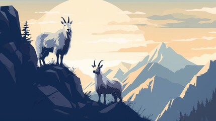 mountain goats, rocky peak, outdoor, flat design, copy space, 16:9