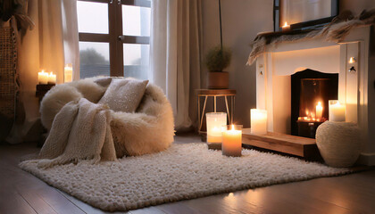 Hygge Hideaway, Plush rugs, candlelight, and warm textiles foster a cozy and inviting ambiance.