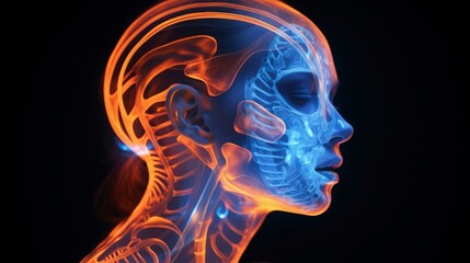 female human using glow in the dark, in the style of orange and indigo, exaggerated anatomy, copy space, 16:9
