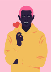 A portrait of a sad African man holding red lollipop in shape of heart. Valentine's Day. Vector flat Illustration