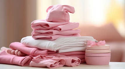 A stack of baby clothes for a girl.