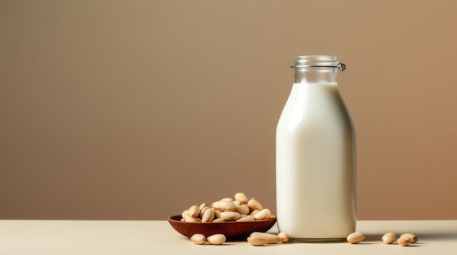 beige background, a milk bottle and peanuts for sale, in the style of minimal retouching, copy space, 16:9