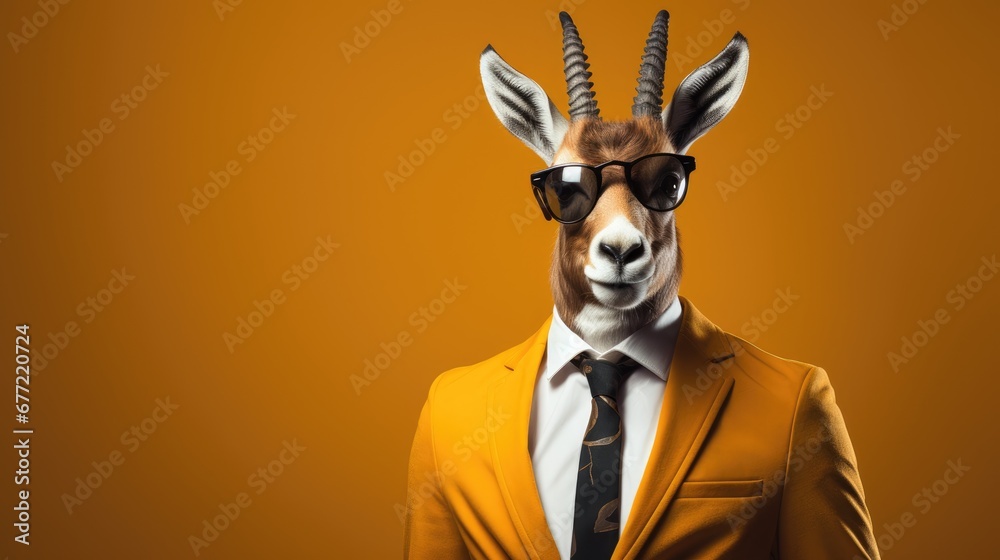 Canvas Prints  a goat wearing a suit and tie with sunglasses on it's head and wearing a suit and tie with glasses on it's head.  generative ai