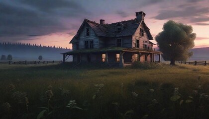 Deserted Farmhouse at Twilight in a Mysterious Meadow: AI-Generated Image