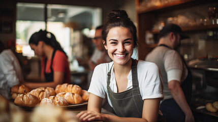 Close-up of a baker, smiling, young and attractive woman, bakery. Generative IA - obrazy, fototapety, plakaty