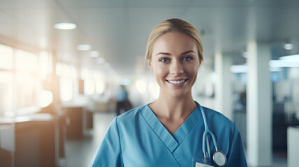 Fototapeta premium Close-up of a nurse, smiling, young and attractive woman, hospital, clinic. Generative IA