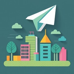 A minimalist design of a paper plane flying over a city skyline.
