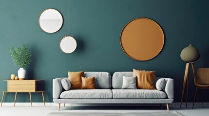Grey sofa against dark teal wall with decorative circles as wall decor Midcentury scandinavian home interior design of modern - obrazy, fototapety, plakaty