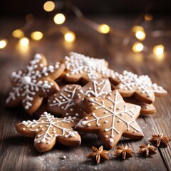 Tasty decorated gingerbread on a wooden table. Christmas pastry. Generative AI.