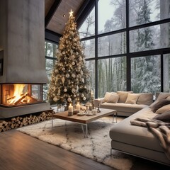 Christmas decoration with a Christmas tree in the cozy interior of a modern family home. Generative AI.