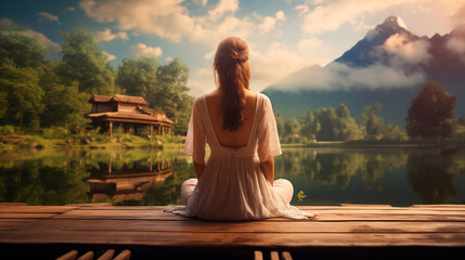 Young woman meditating for mental health on a wooden pier on the edge of a lake to improve focus yoga lifestyle