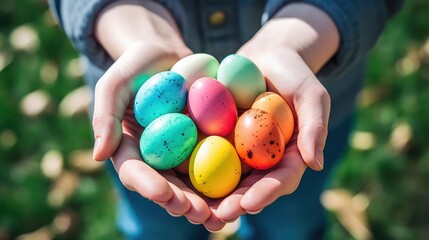 Fototapeta na wymiar Hands holding colorful Easter Eggs 