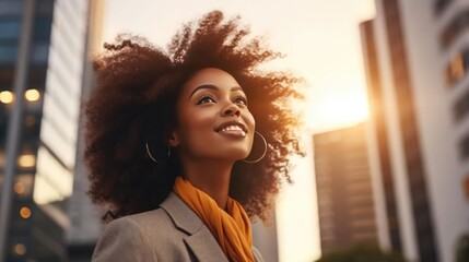 Happy wealthy rich successful black businesswoman standing in big city modern skyscrapers street on sunset thinking of successful - obrazy, fototapety, plakaty