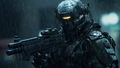 Fototapeta premium Soldier with full combat gear in night mission.