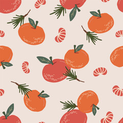 Vector seamless pattern with tangerine, fir twig. Merry Christmas and New Year symbol texture. Hand drawn festive design for textile, wrapping, prints, wallpaper
