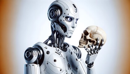Humanoid robot holding a skull head
