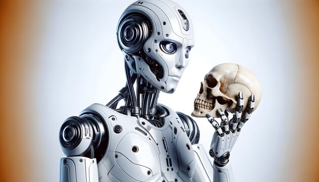 Humanoid robot holding a skull head