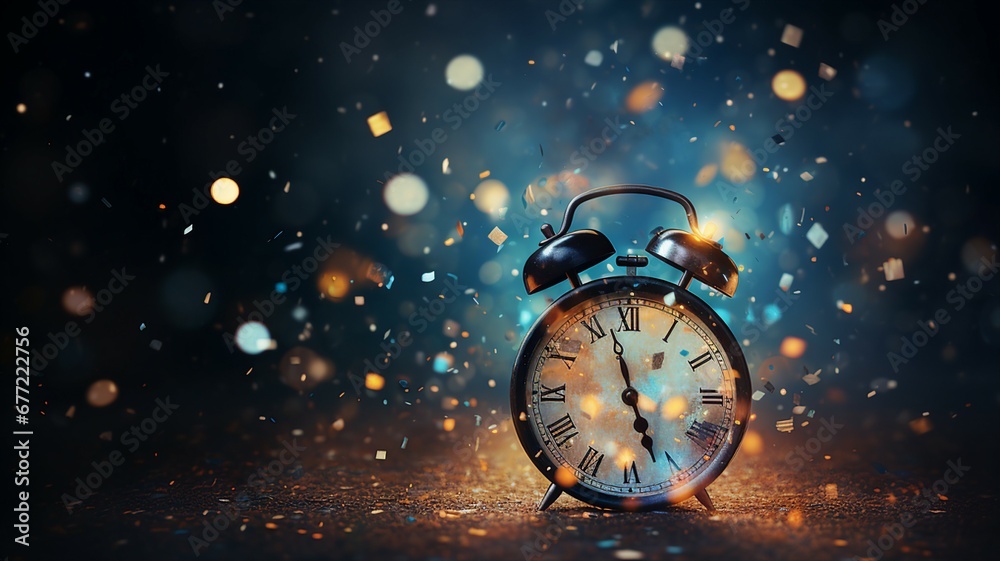 Poster midnight countdown and shimmering confetti background