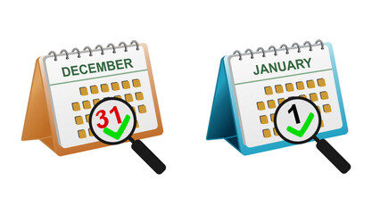 vector desk calendar date with magnify 1st of the january month icon. first day of the new year icon.