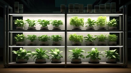 Fototapeta na wymiar Indoor farm system utilizes and LED light to cultivate plants on shelves 
