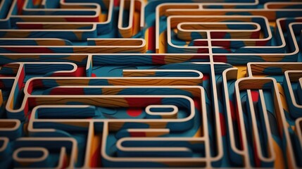 Generative AI abstract illustration of high angle of wooden maze with colorful narrow paths in blue and red with yellow colors 
