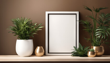 blank white, Interior room with a mock-up picture frame and lovely plants on a brown bamboo shelf 