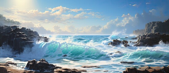The background of the vibrant landscape was adorned with a textured sea displaying an enchanting blend of blue and orange hues as the ocean waves crashed against the rocky natural formations - Powered by Adobe