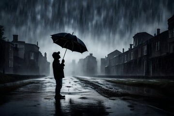 silhouette of a person with umbrella in rain