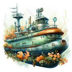watercolor Submarine clipart, Generative Ai