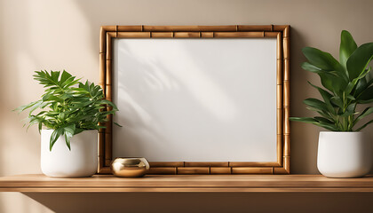 blank white, Interior room with a mock-up picture frame and lovely plants on a brown bamboo shelf 