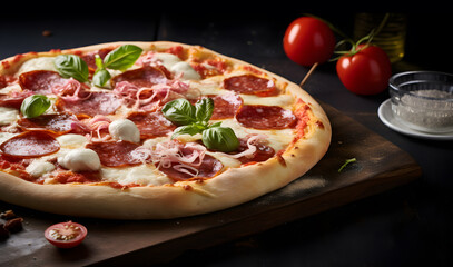 Pizza with salami, prosciutto  and tomatoes laying on wood table