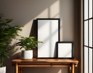 blank white, Interior room with a mock-up picture frame and lovely plants on a brown bamboo shelf 